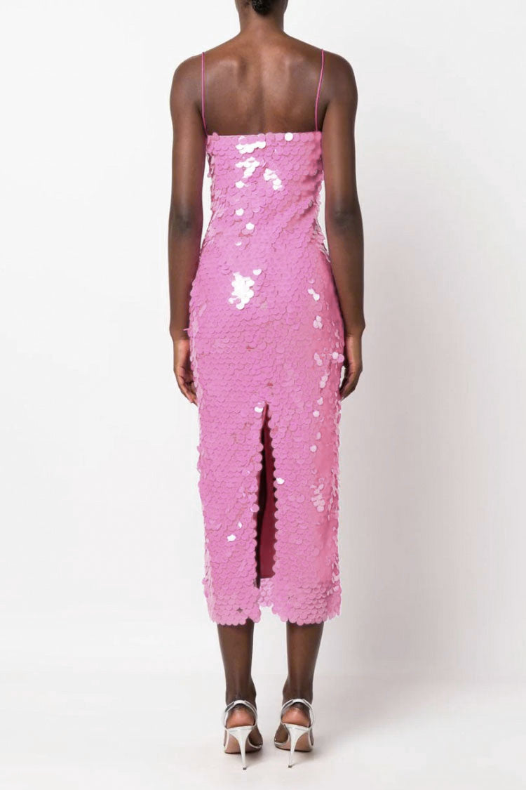 Large Disc Sequin Spaghetti Strap Bodycon Column Midi Dress