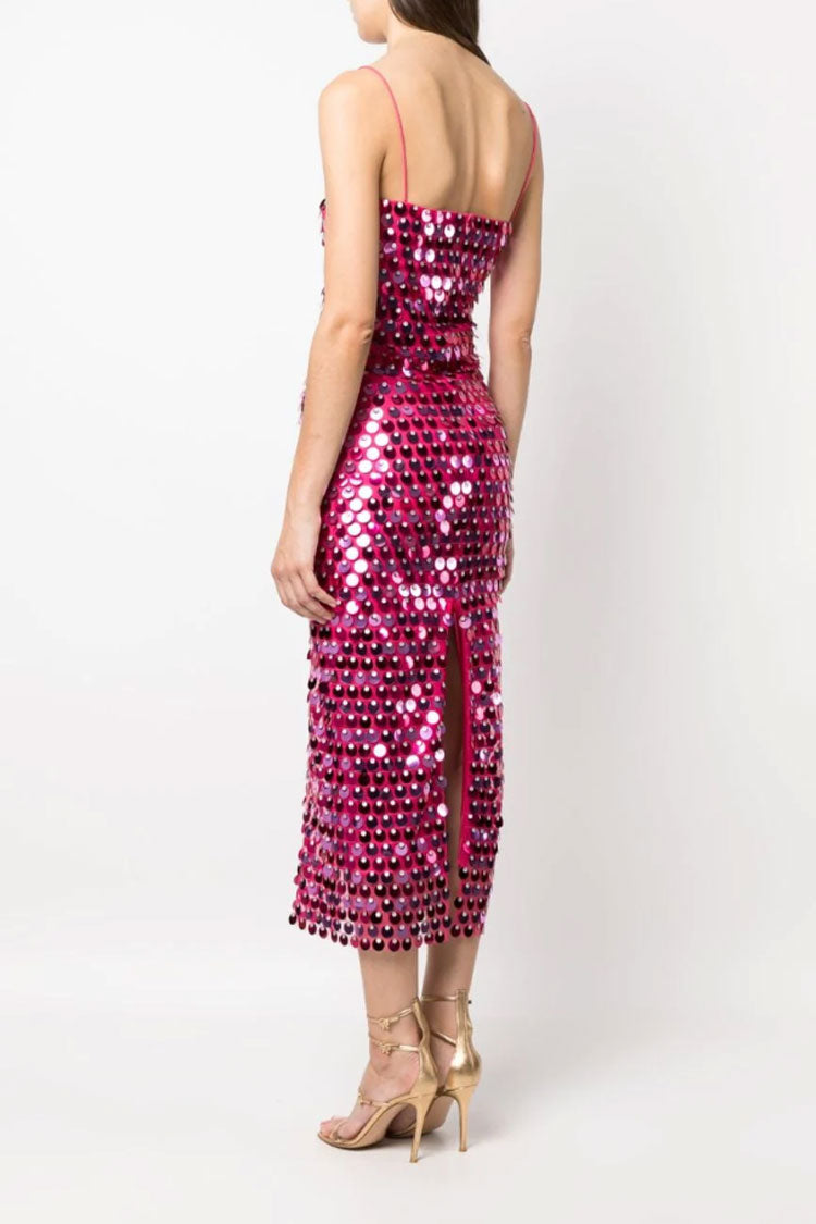 Large Disc Sequin Spaghetti Strap Bodycon Column Midi Dress