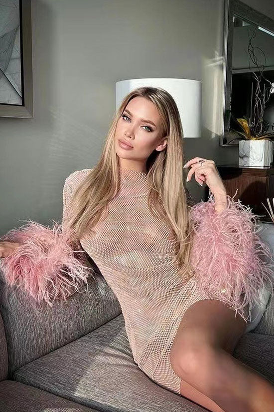 Rhinestone Mesh Boat Neck Feather Cuff Long Sleeve Sheer Mini Dress
