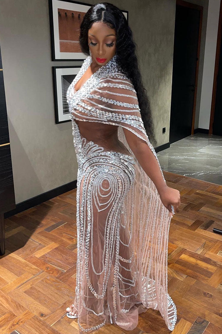 Deep V-Neck Rhinestone Mesh Cape Sleeve Cut Out High Split Maxi Gown
