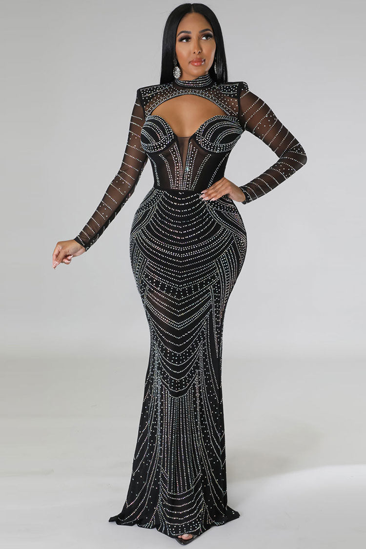 Mock Neck Keyhole Cutout Long Sleeve Rhinestone Mesh Mermaid Maxi Gown