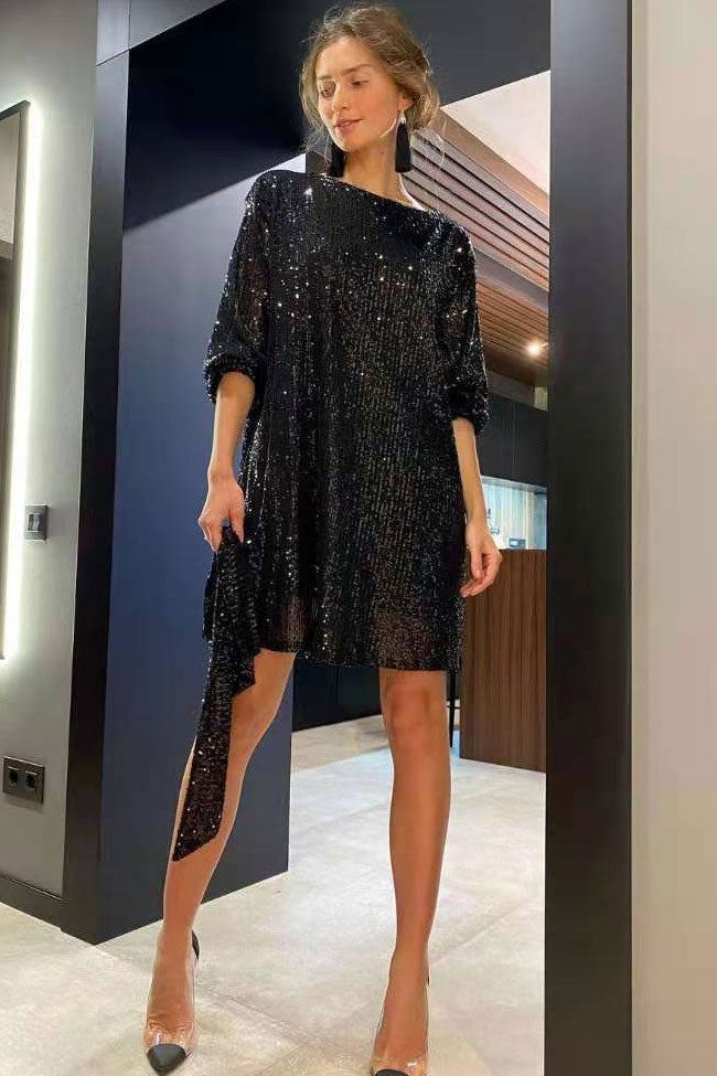 Sequin Boat Neck Bishop Sleeve Self Tie Belt Mini Dress