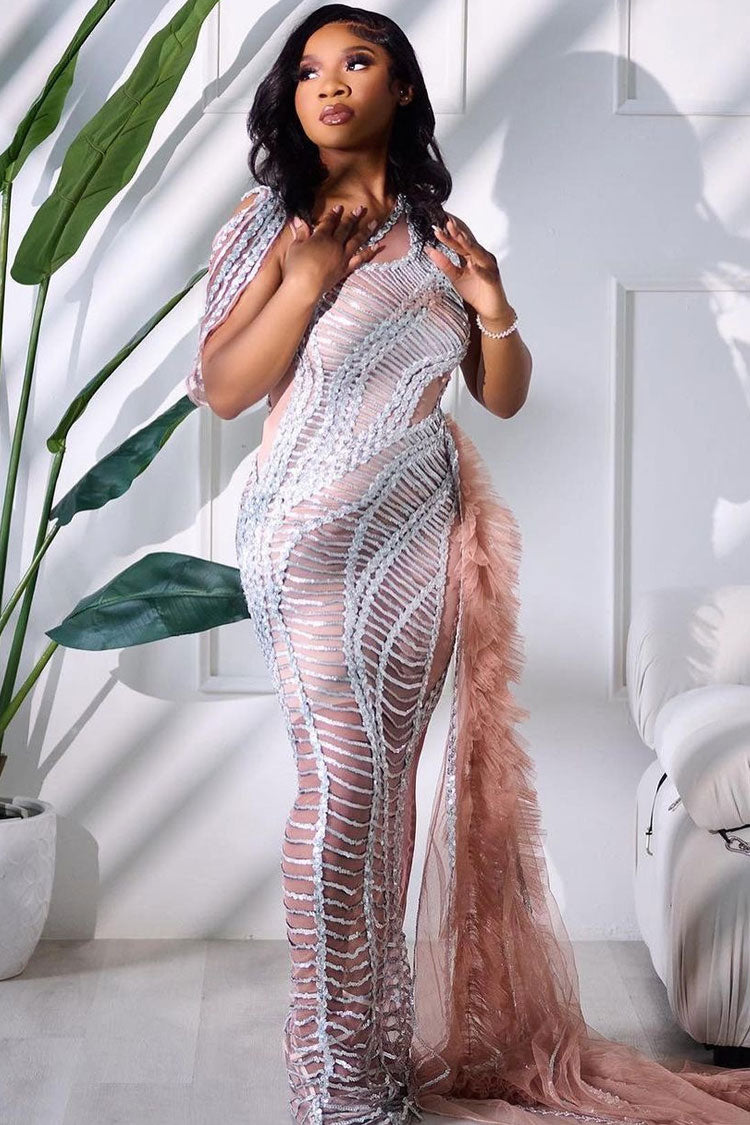 One Shoulder Sequin Mesh Wave Pattern Ruffle Train Mermaid Maxi Gown