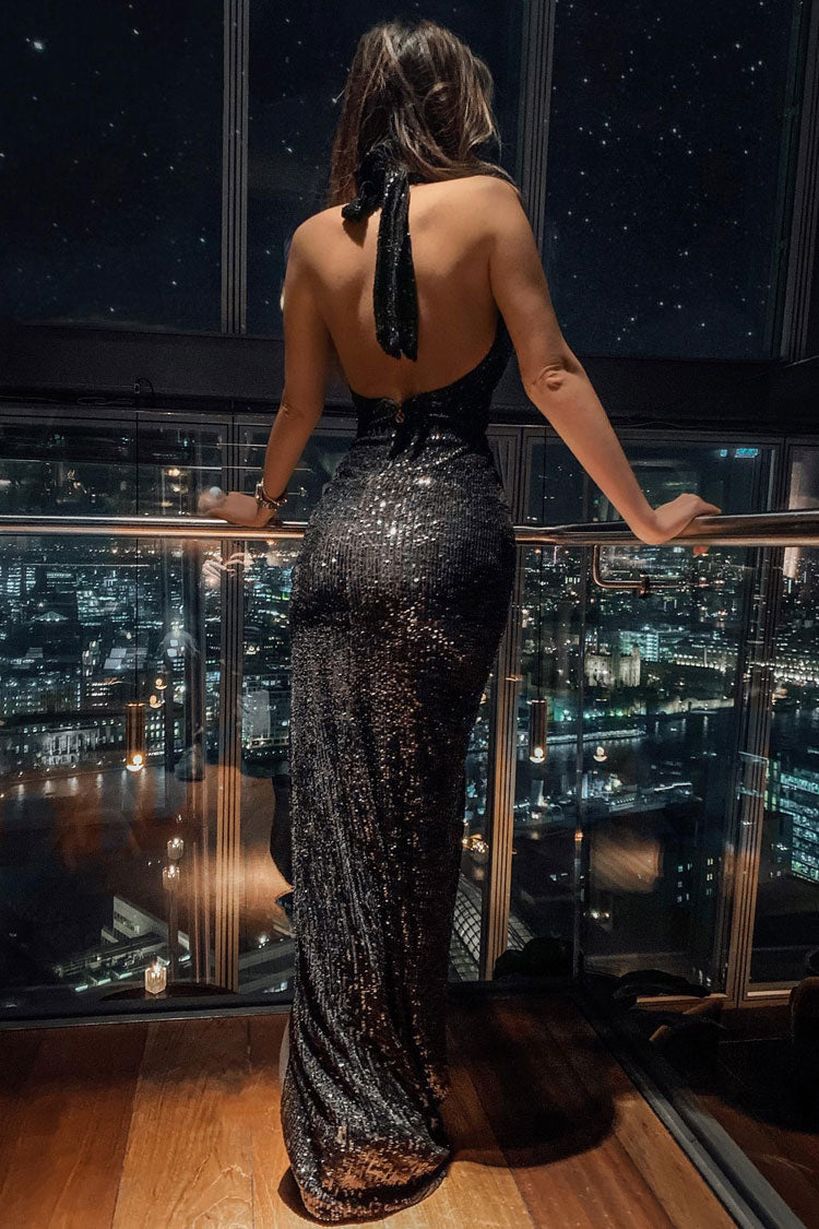 Sequin Halter Deep V-Neck Backless Front Slit Maxi Gown