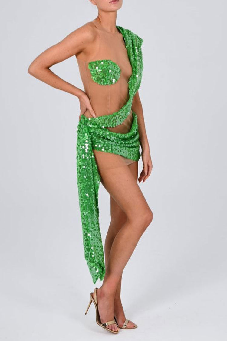 One Shoulder Sequin Mesh Panel Cutout Drape Sash Mini Dress