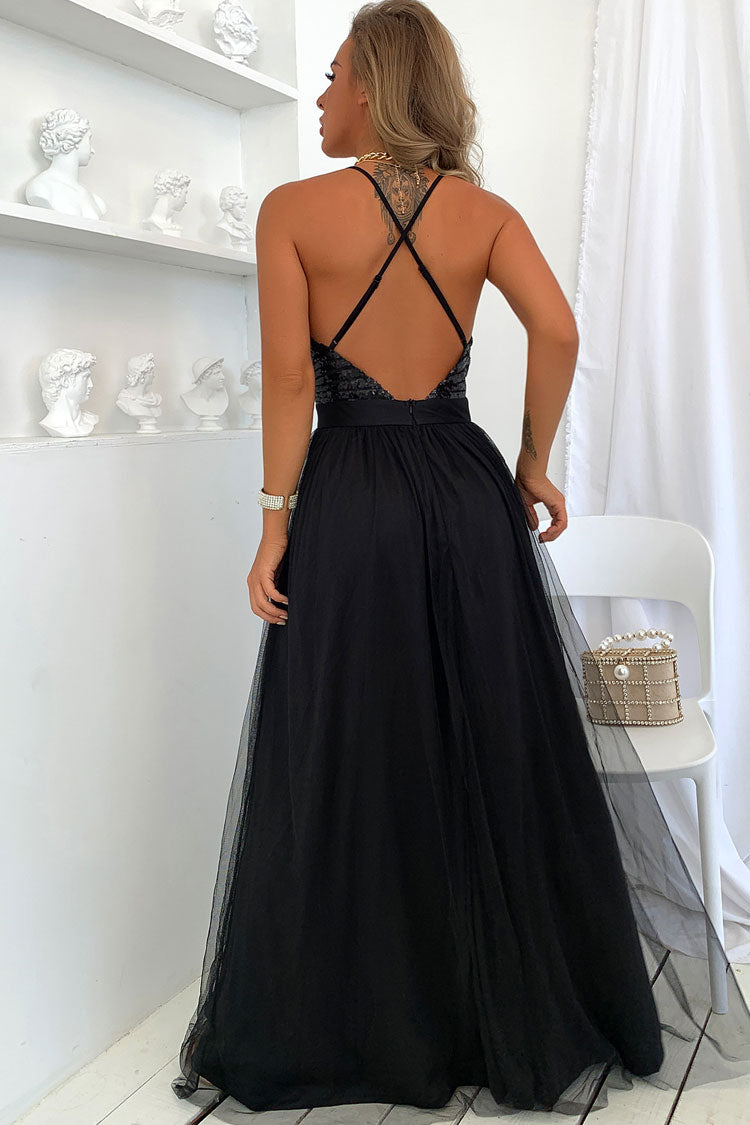 Sequin Deep V-Neck Spaghetti Strap High Slit Layered Tulle Maxi Gown