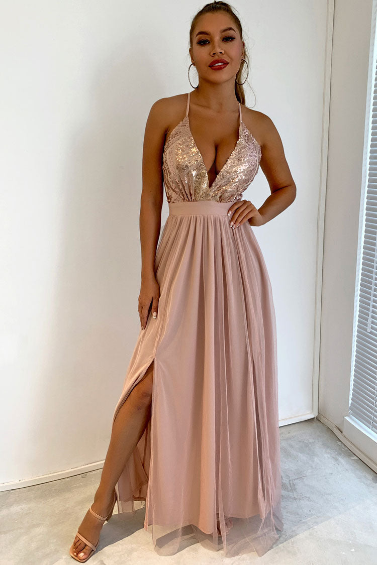 Sequin Deep V-Neck Spaghetti Strap Tiered Tulle High Slit Maxi Gown