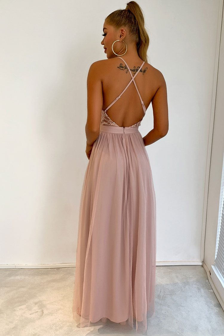 Sequin Deep V-Neck Spaghetti Strap Tiered Tulle High Slit Maxi Gown