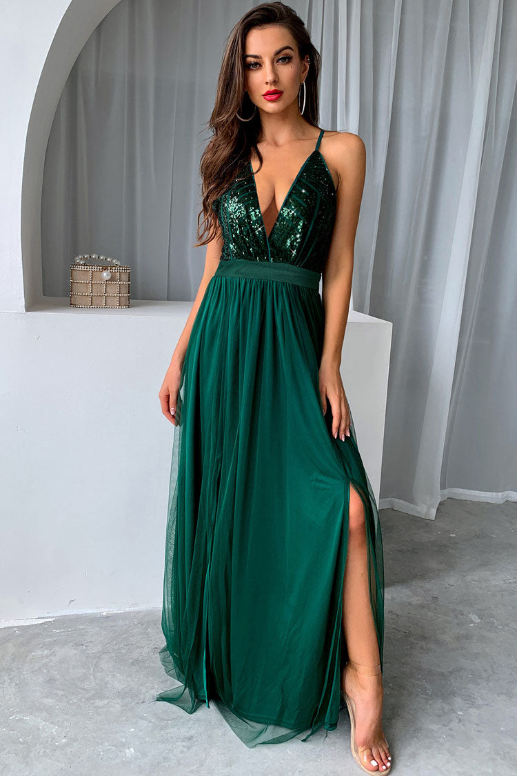 Sequin Deep V-Neck Spaghetti Strap High Slit Layered Tulle Maxi Gown