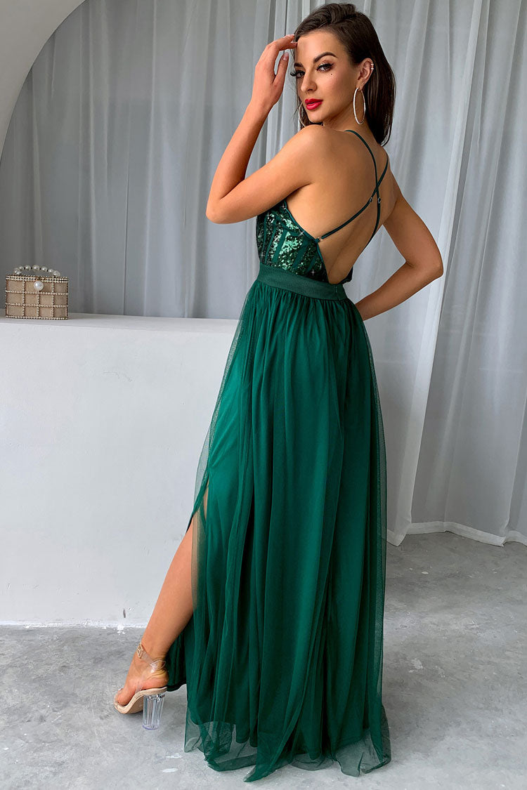 Sequin Deep V-Neck Spaghetti Strap High Slit Layered Tulle Maxi Gown