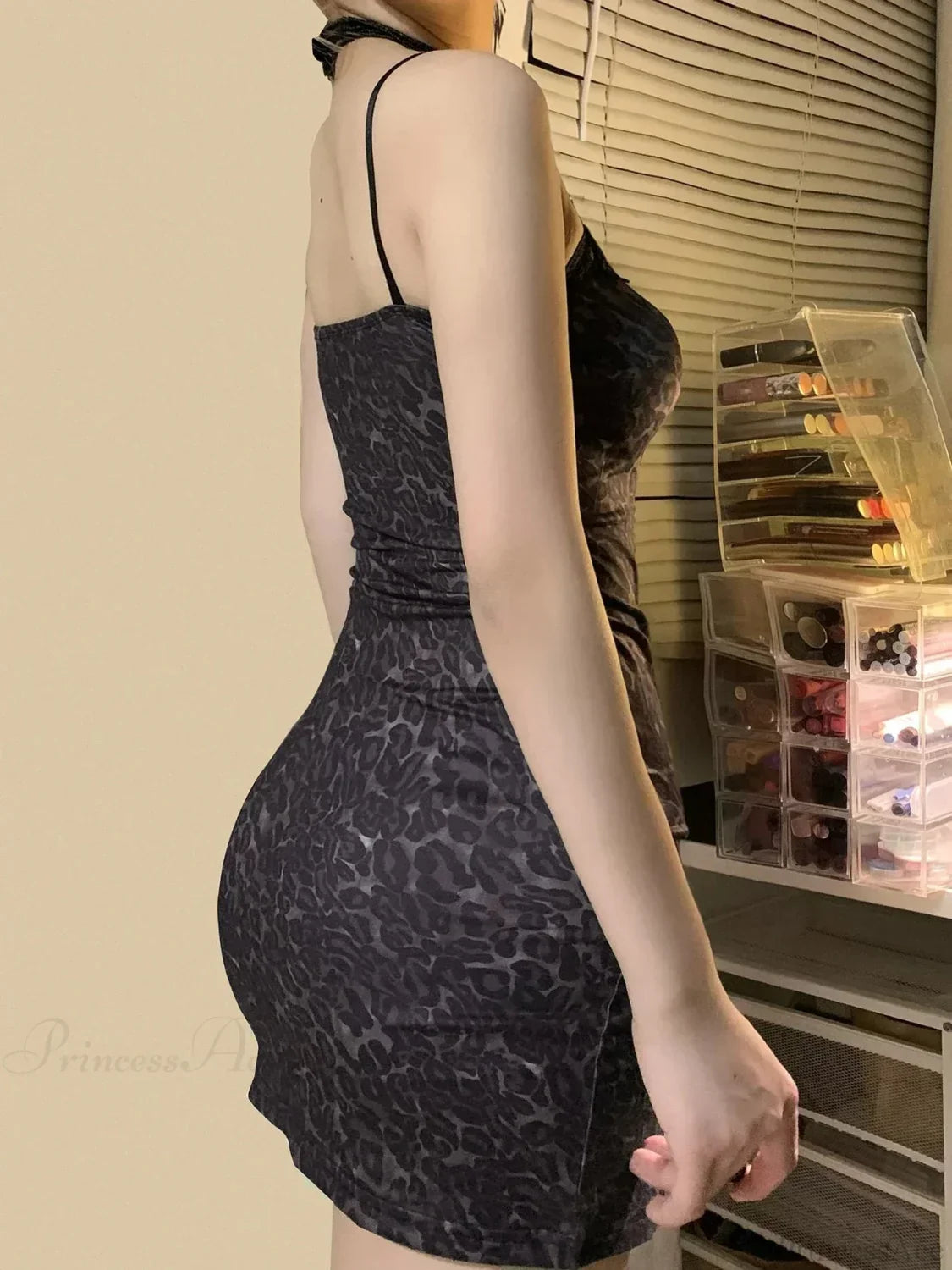Spotted Lace Trim V-Neck Spaghetti Strap Side Slit Bodycon Mini Dress