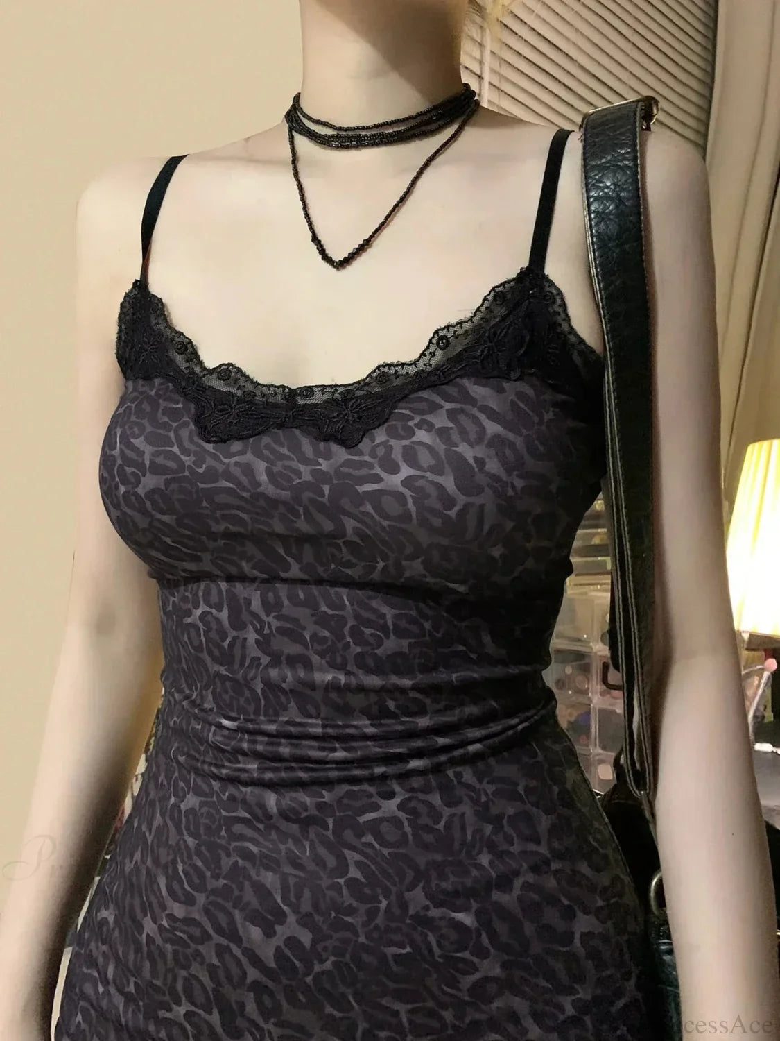 Spotted Lace Trim V-Neck Spaghetti Strap Side Slit Bodycon Mini Dress