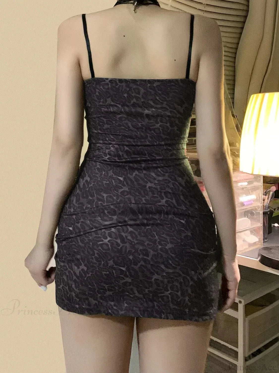 Spotted Lace Trim V-Neck Spaghetti Strap Side Slit Bodycon Mini Dress