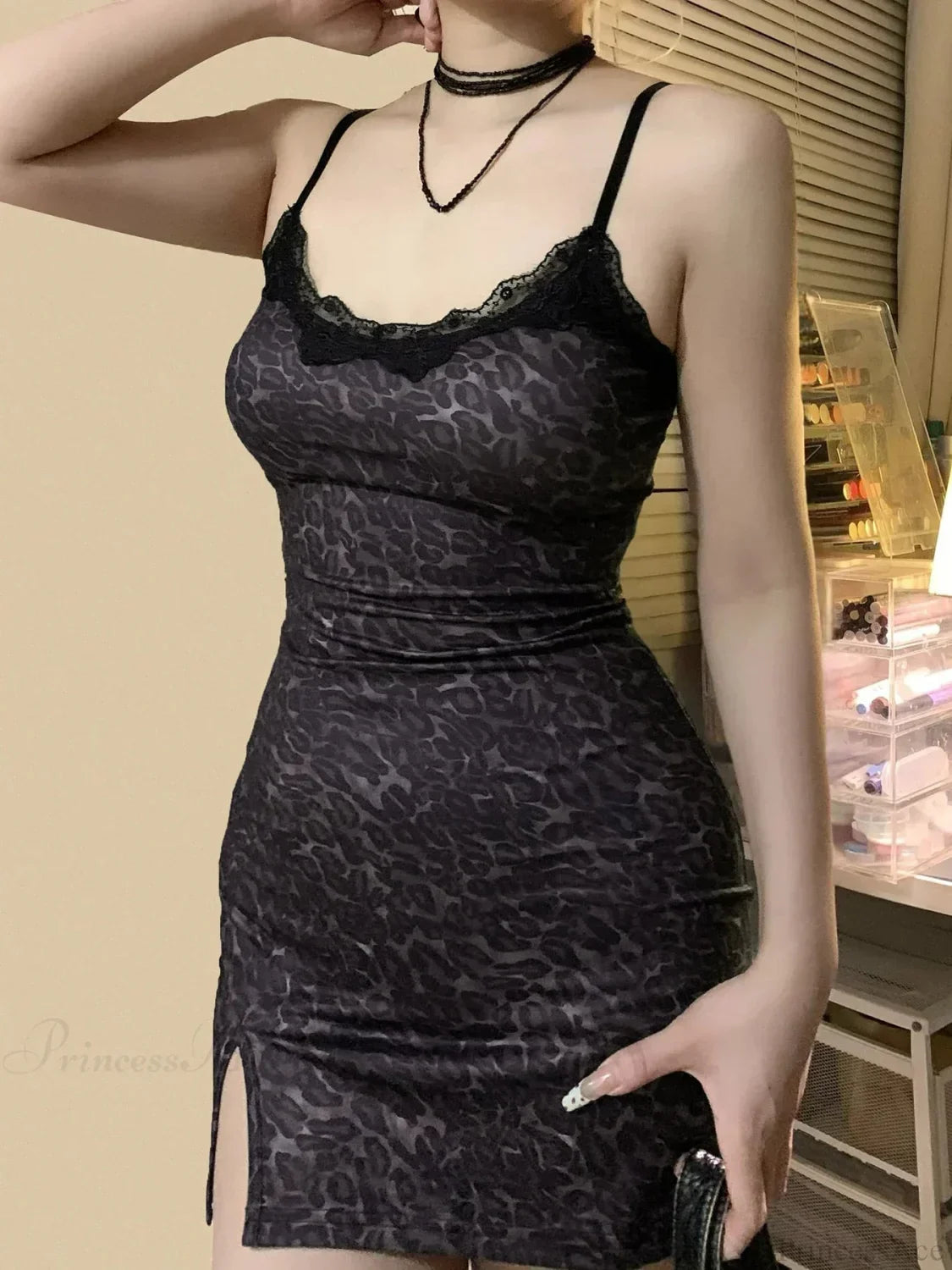 Spotted Lace Trim V-Neck Spaghetti Strap Side Slit Bodycon Mini Dress