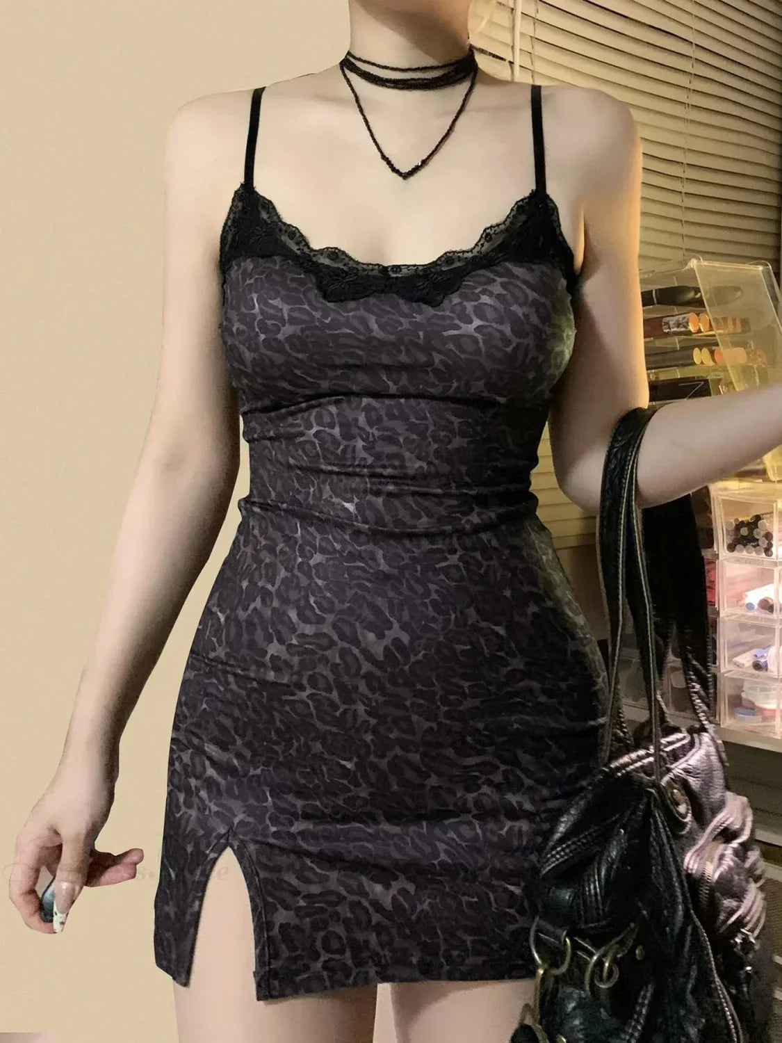 Spotted Lace Trim V-Neck Spaghetti Strap Side Slit Bodycon Mini Dress