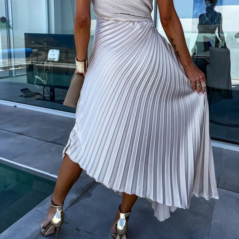 One Shoulder Ruched Pleated Waist Cut Out Asymmetrical Hem Maxi Dress