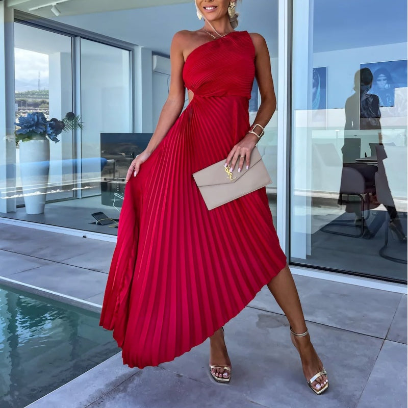 One Shoulder Ruched Pleated Waist Cut Out Asymmetrical Hem Maxi Dress