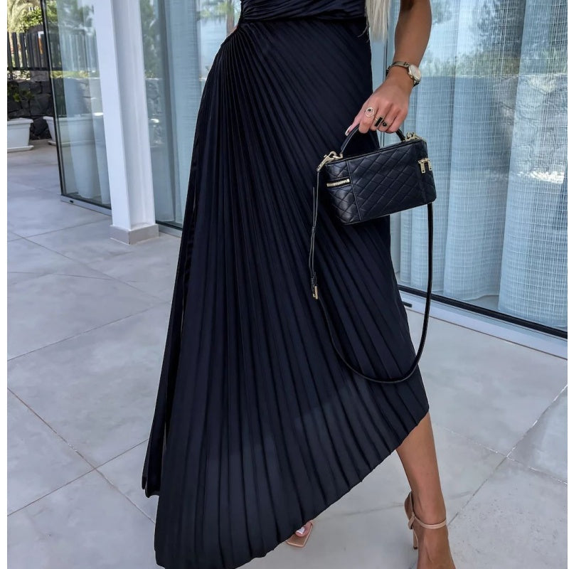 One Shoulder Ruched Pleated Waist Cut Out Asymmetrical Hem Maxi Dress