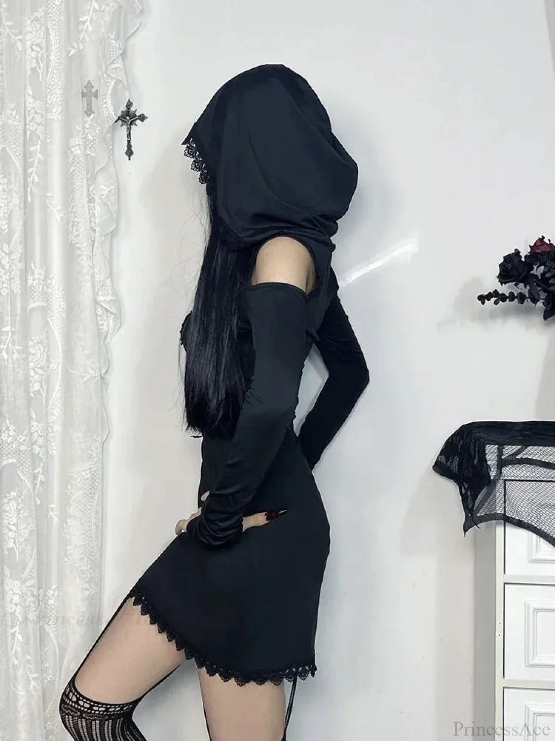 Lace Applique Cold-Shoulder Long Sleeve Hooded Bodycon Mini Dress