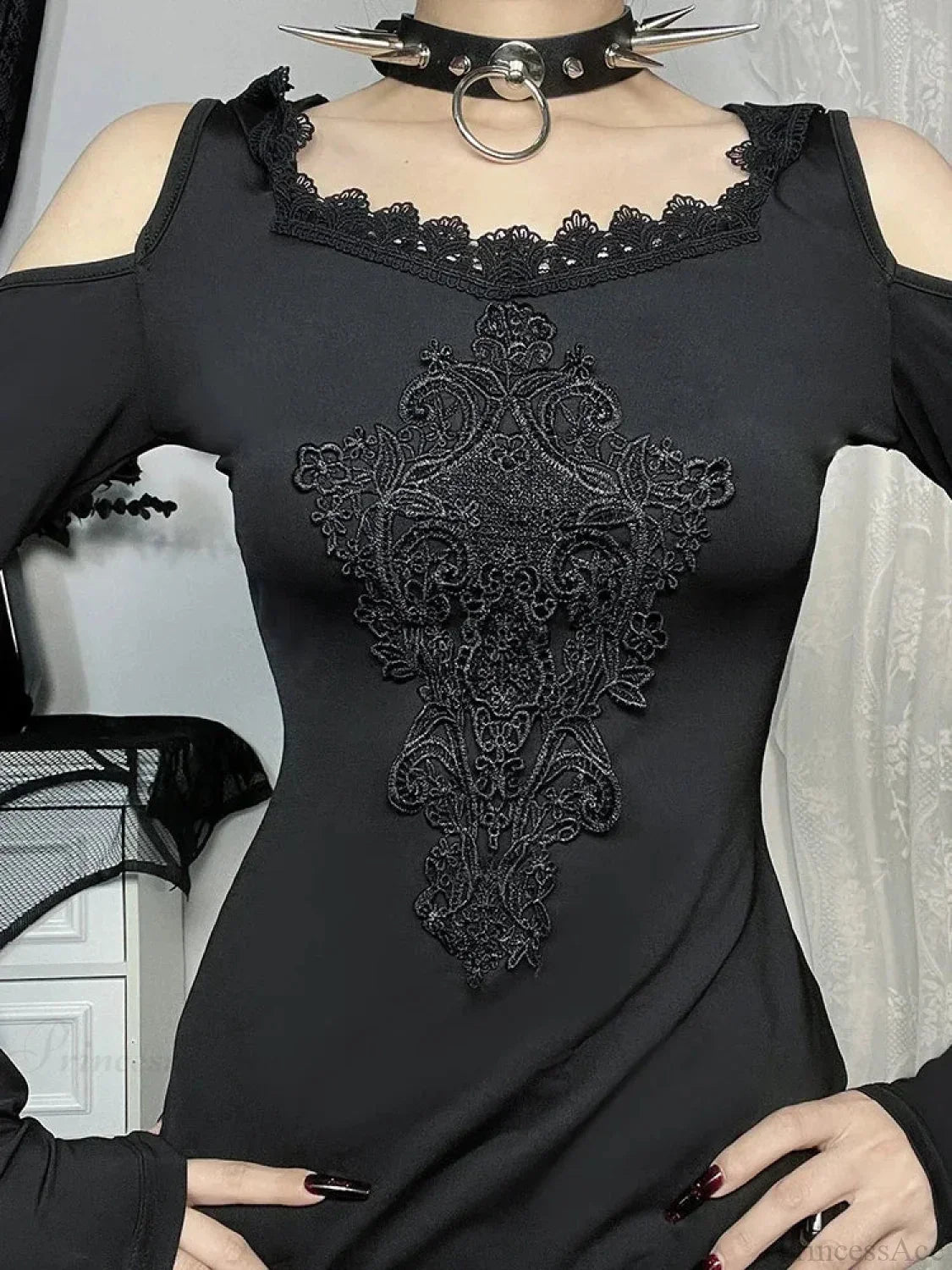 Lace Applique Cold-Shoulder Long Sleeve Hooded Bodycon Mini Dress