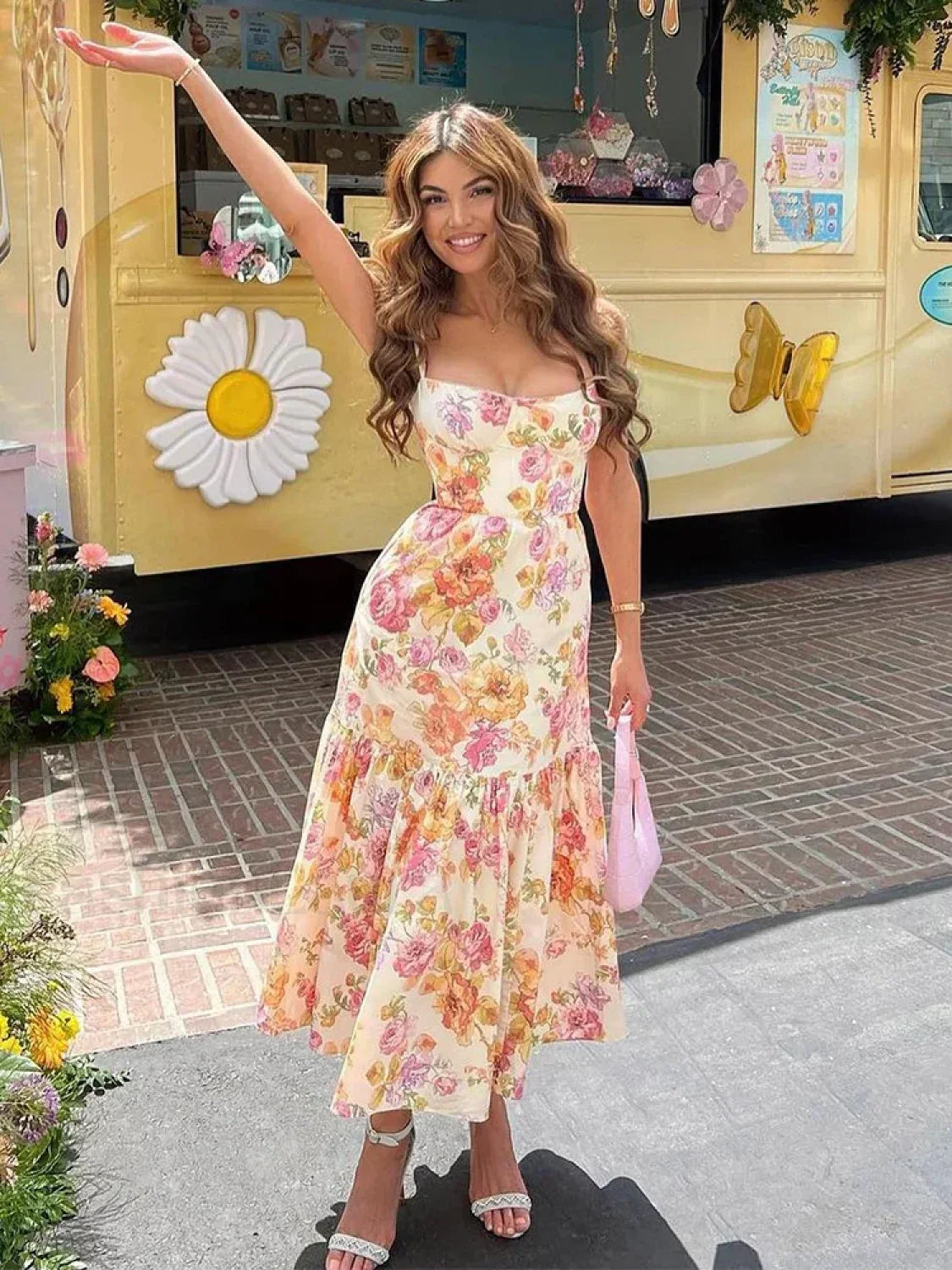 Strapless Bodycon Midi Floral Dress