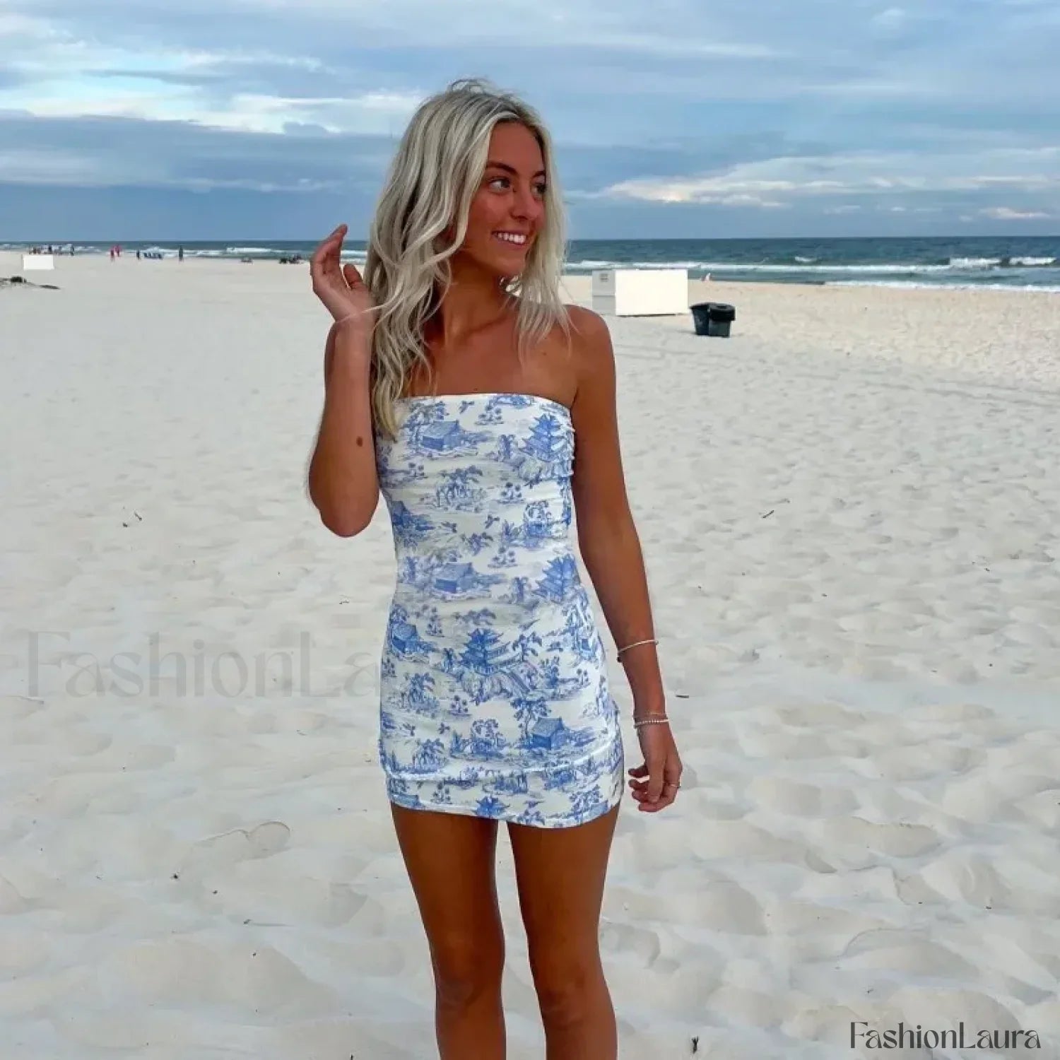 Blue Printed Tube Mini Dress