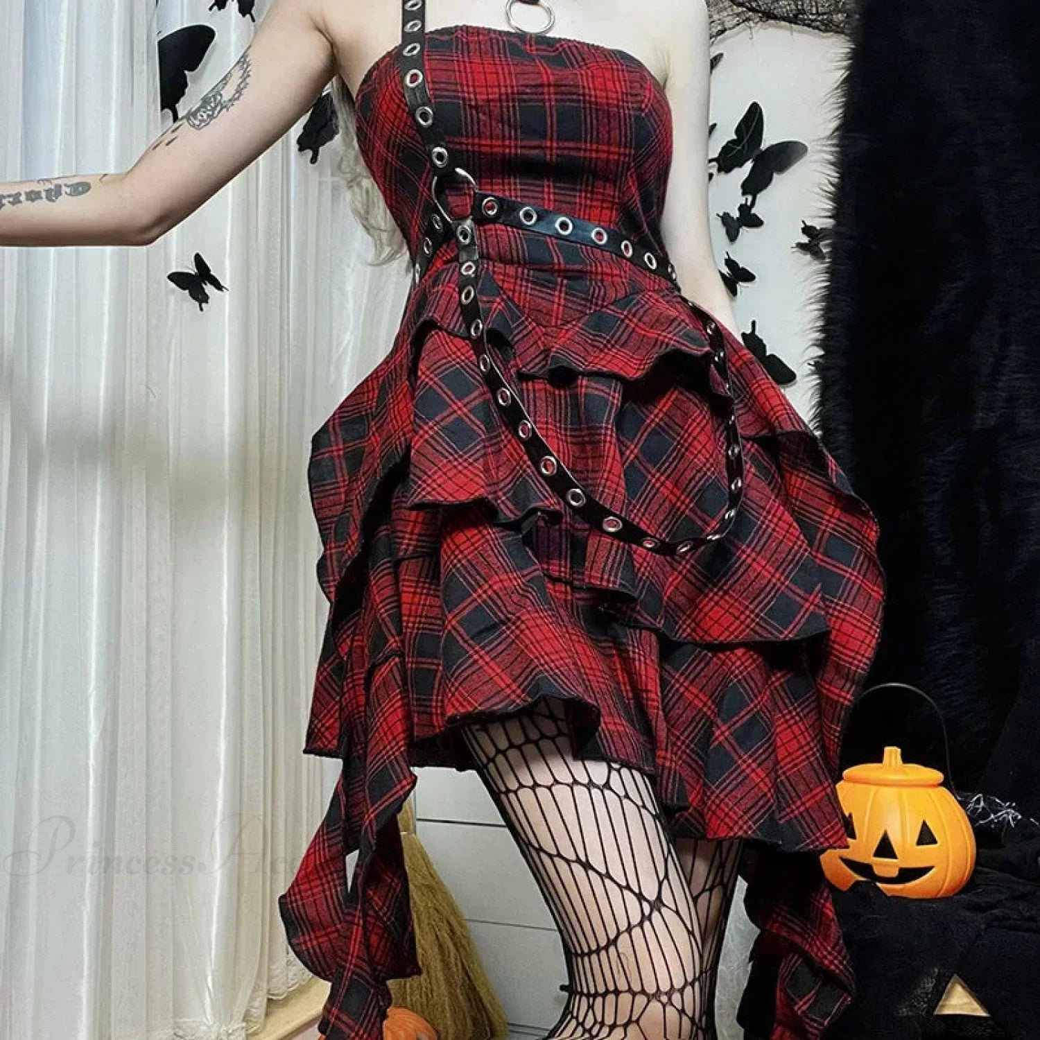 Plaid Strapless Tiered Ruffle Grommet Harness Bodycon Mini Dress