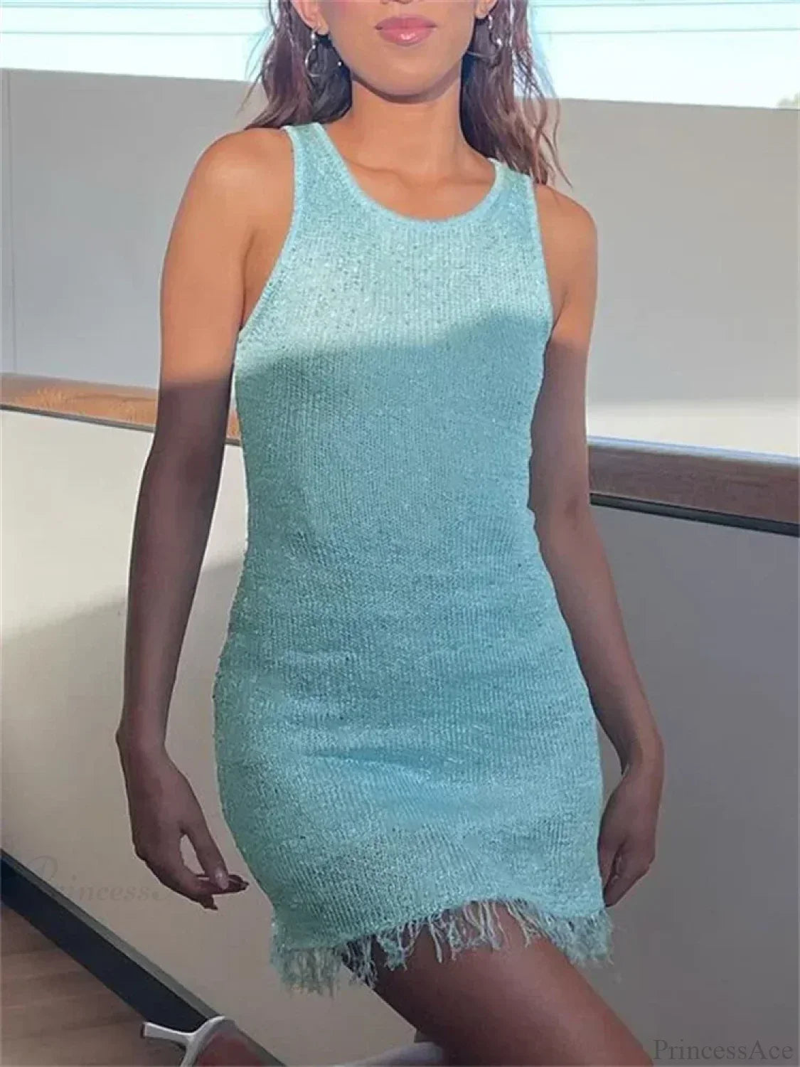 Boucle Knit Tank Neck Frayed Fringe Hem Bodycon Mini Dress