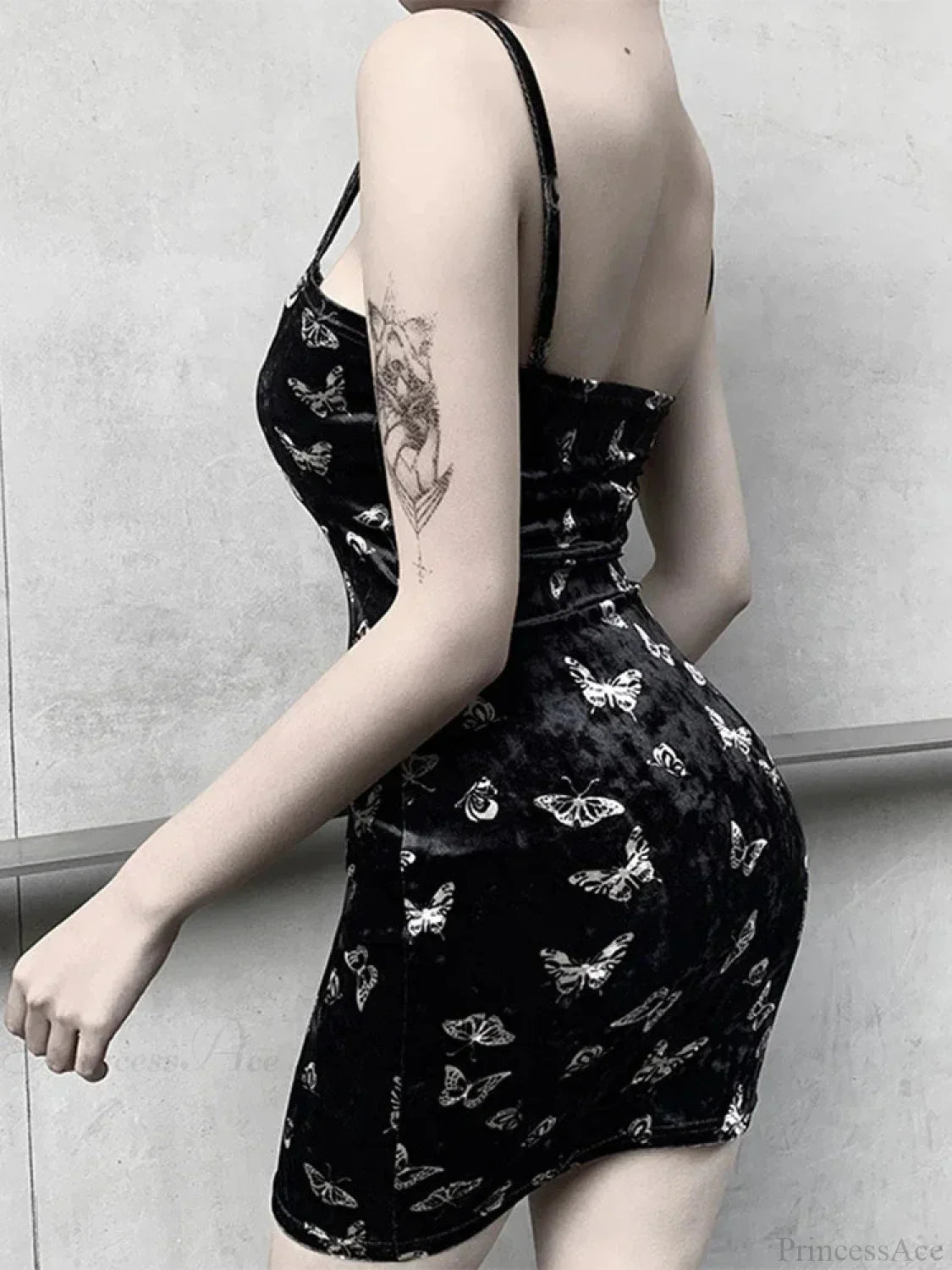 Butterfly Print Velvet Ruched Square Neck Spaghetti Strap Mini Dress