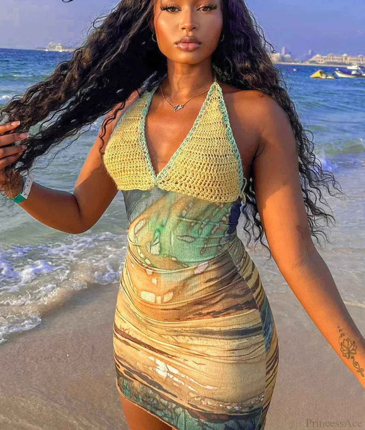 Crochet Halter Deep V Abstract Print Mesh Bodycon Mini Dress