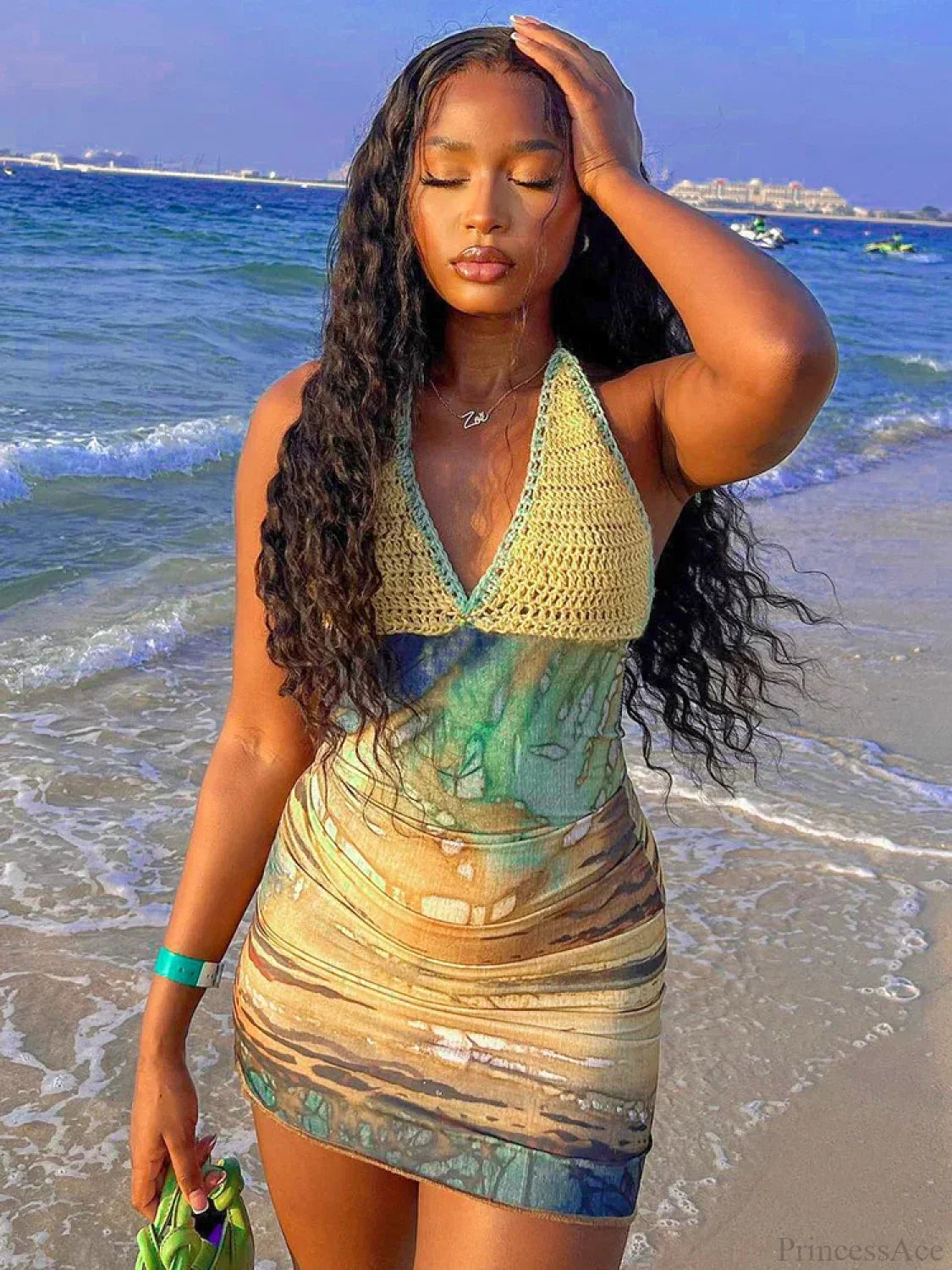 Crochet Halter Deep V Abstract Print Mesh Bodycon Mini Dress