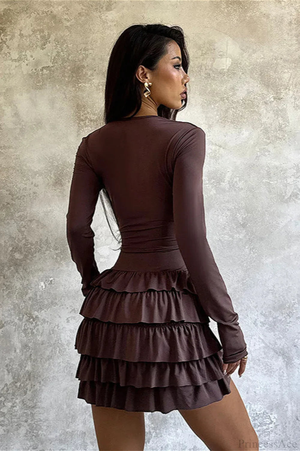 Deep V-Neck Ruched Tiered Ruffle Hem Long Sleeve Mini Dress