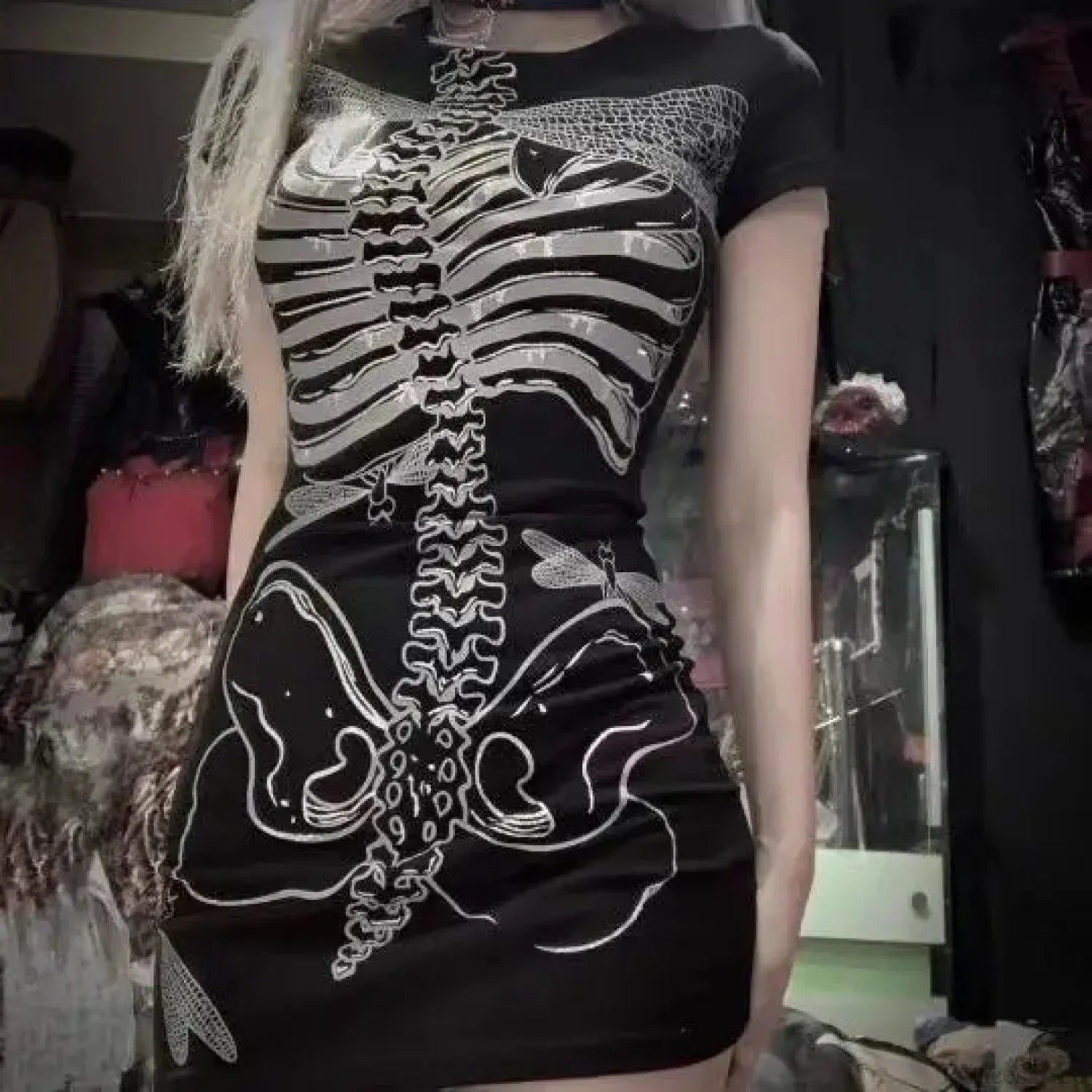 Skeleton Ribcage Dragonfly Print Crew Neck Bodycon Mini Dress