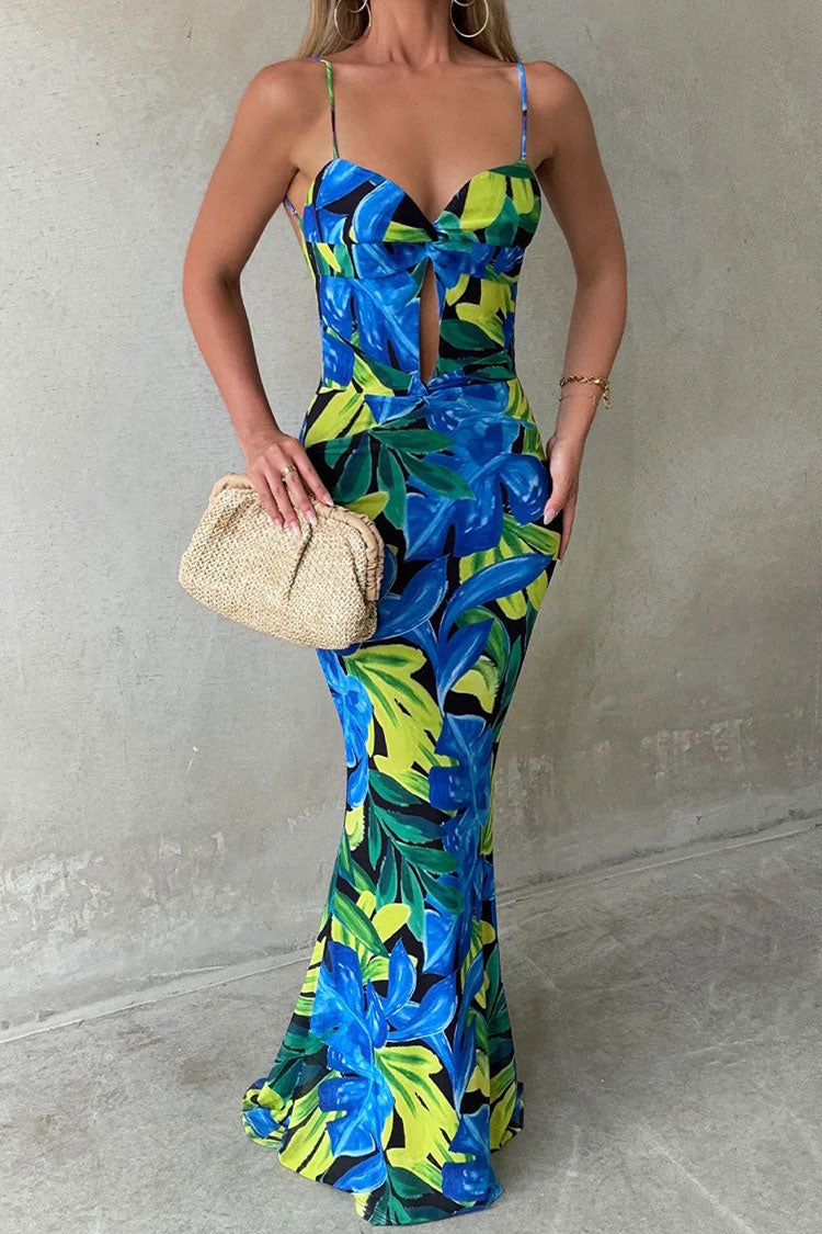 Tropical Leaf Print Twist Front Keyhole Cut Out Bodycon Maxi Dress