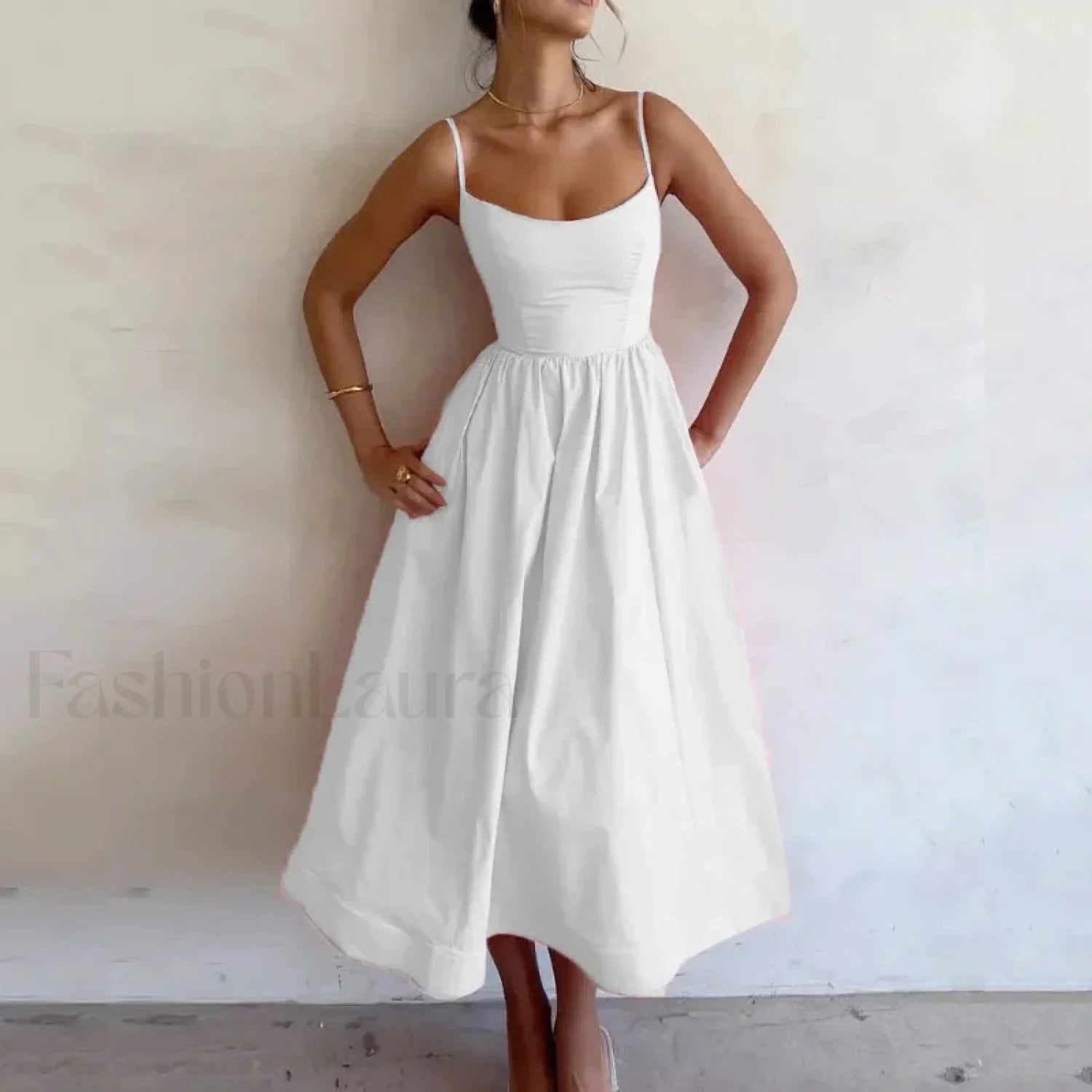 U-Neck Pleated Sundress Midi Dress