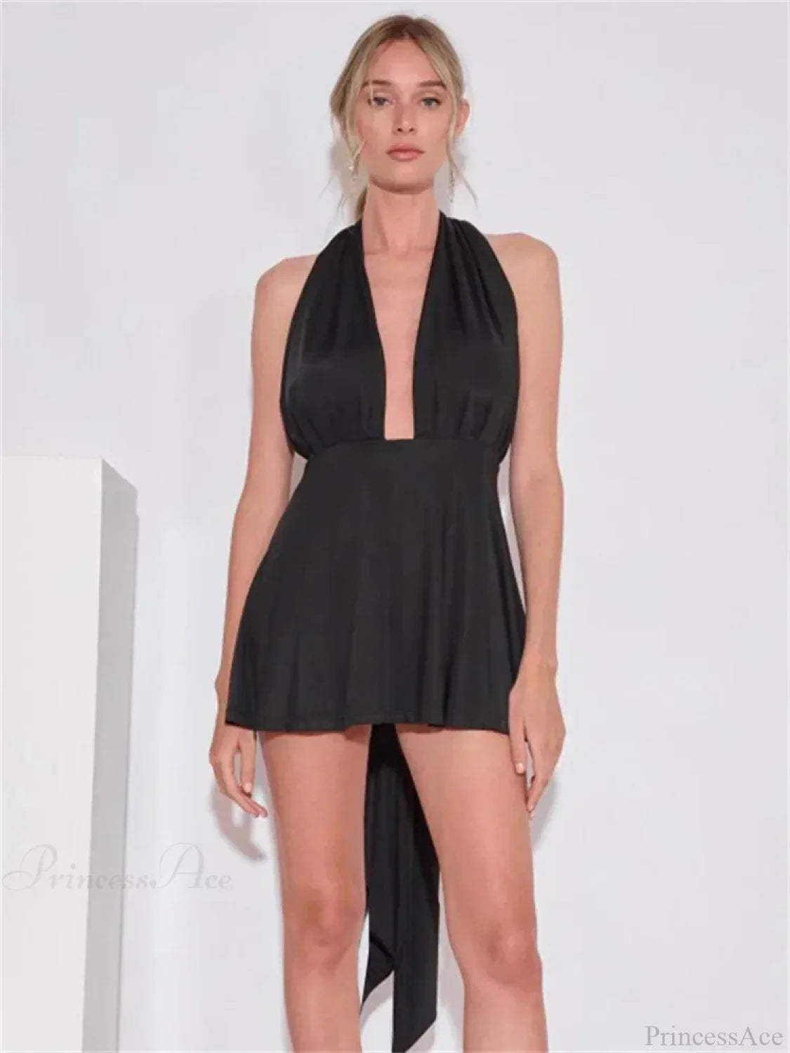 Deep V-Neck Halter Wrap Waistband Gathered A-Line Mini Dress