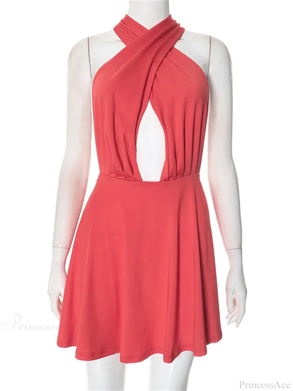 Deep V-Neck Halter Wrap Waistband Gathered A-Line Mini Dress