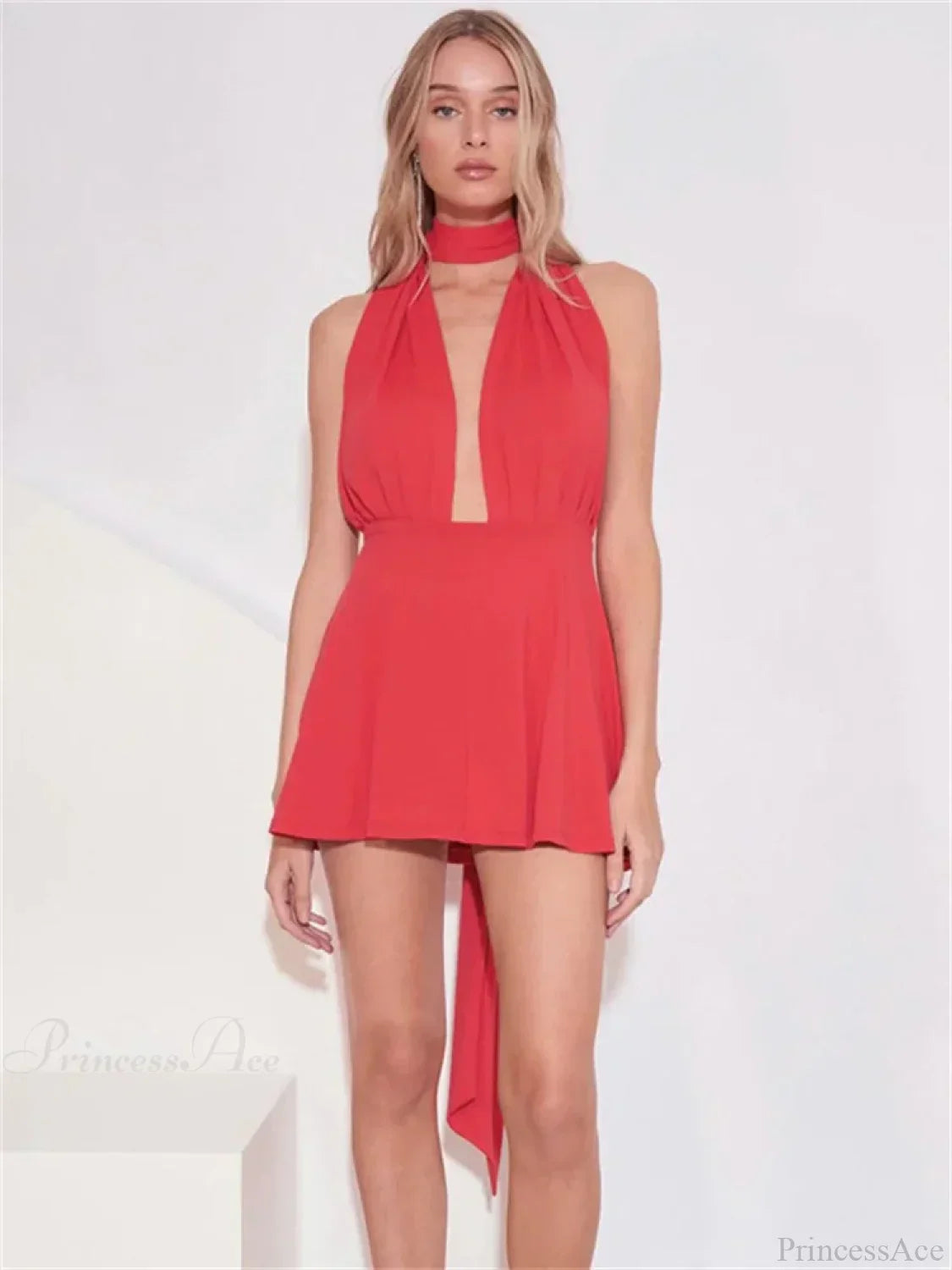 Deep V-Neck Halter Wrap Waistband Gathered A-Line Mini Dress