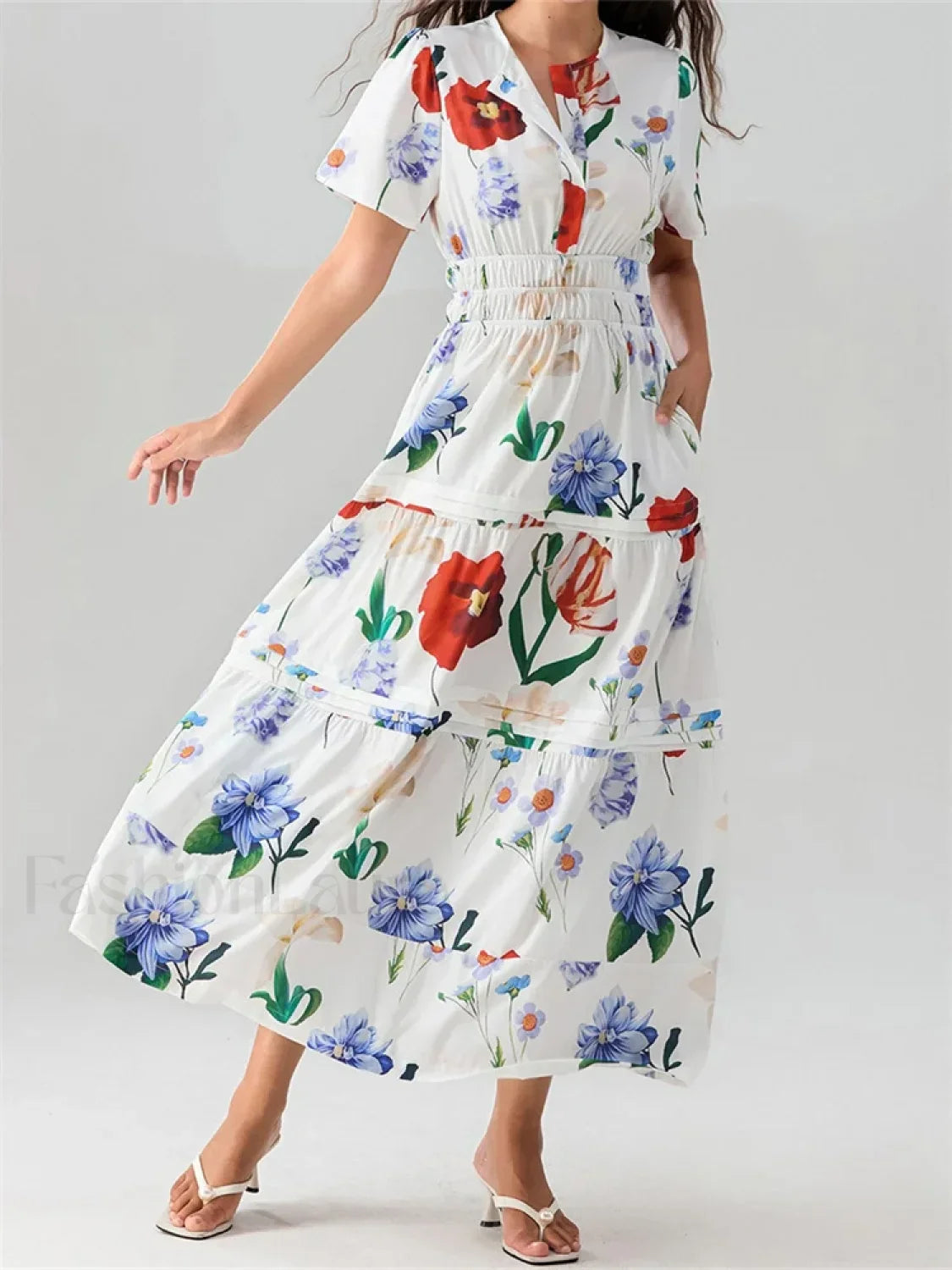 V-Neck Flare Sleeve Pocket Maxi Dress