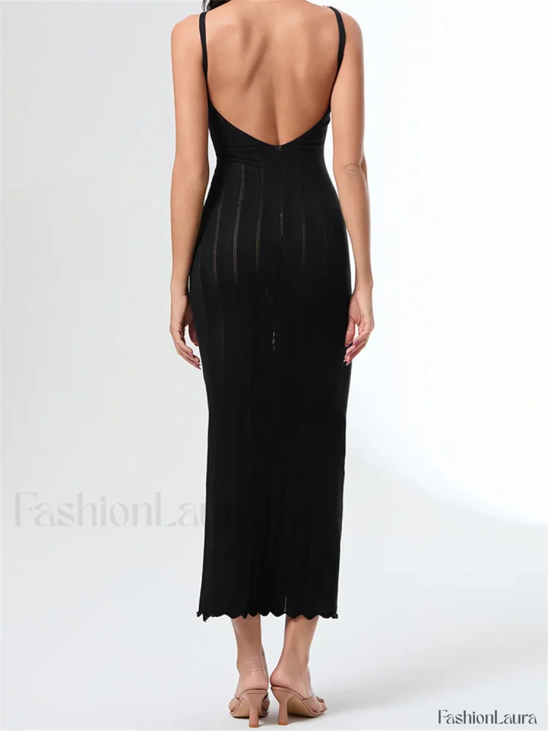 V-Neck Strap Backless Knitted Maxi Dress