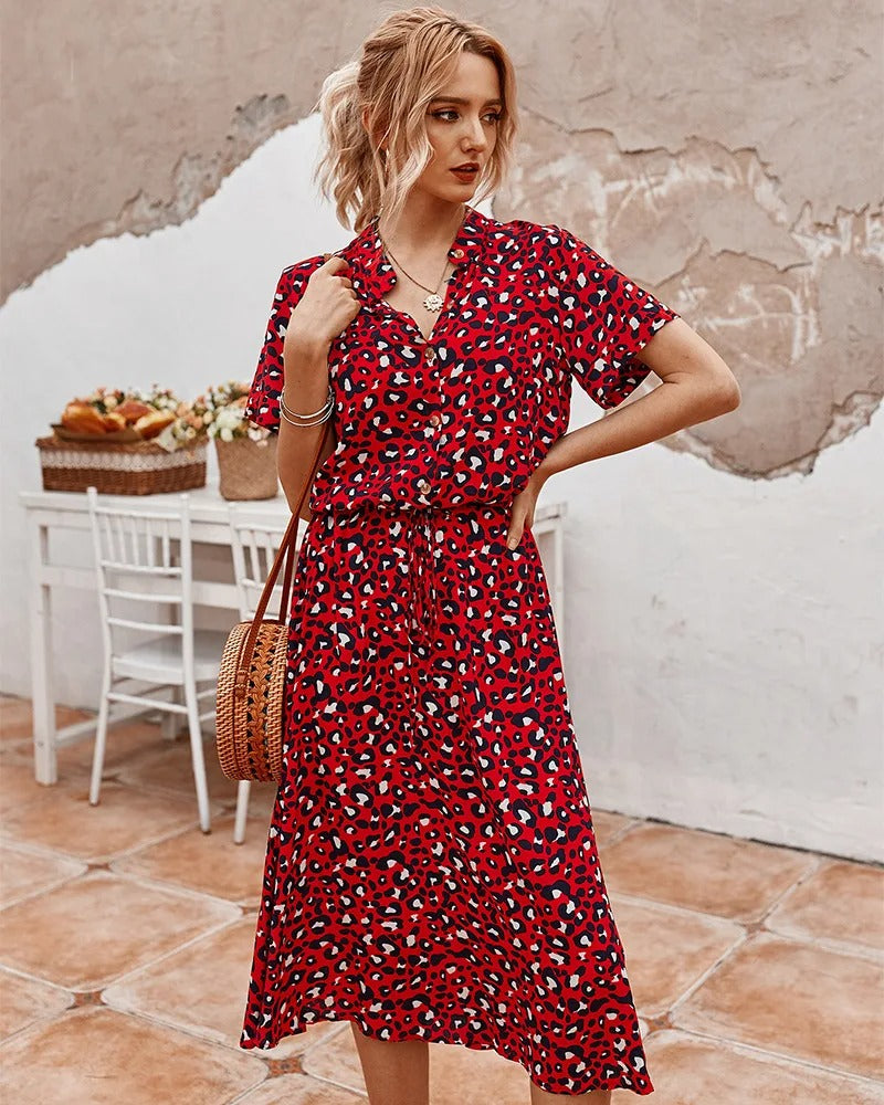 Dalmatian Print Button Front Drawstring Waist Midi Dress