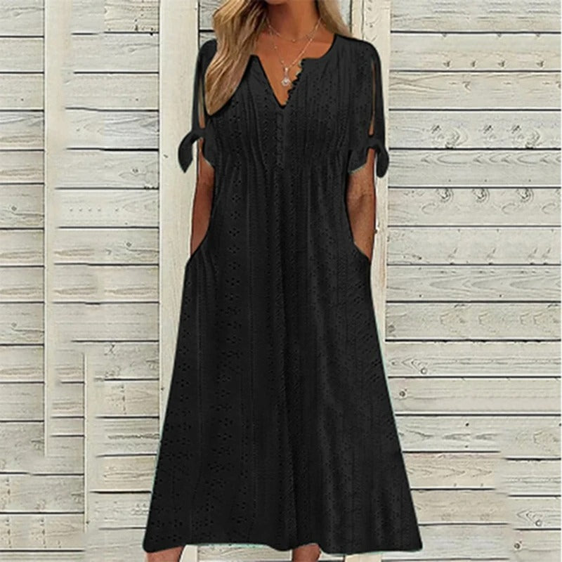 Eyelet V-Neck Button Front Slit Sleeve Tie Cuff Midi Dress
