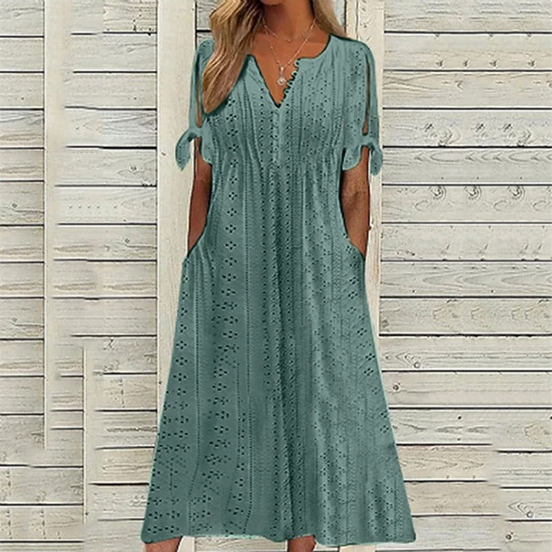 Eyelet V-Neck Button Front Slit Sleeve Tie Cuff Midi Dress