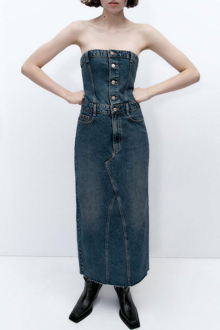 Strapless Denim Bustier Button Front Five Pocket Raw Hem Maxi Dress