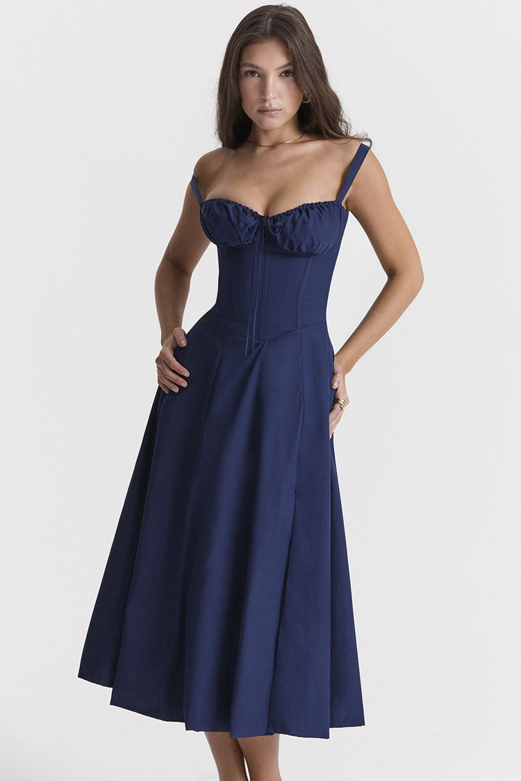 Corset Bodice Ruched Sweetheart Tie Front Spaghetti Strap Fit and Flare Midi Dress
