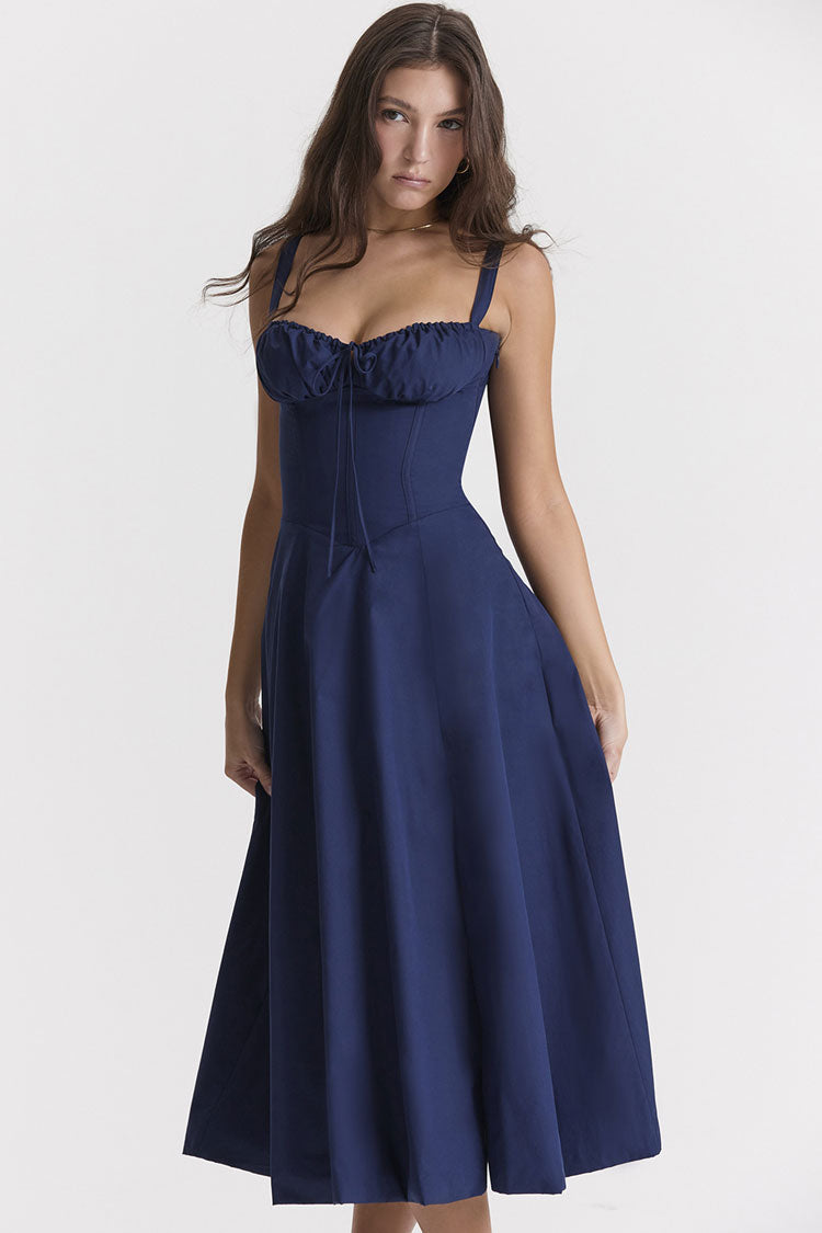 Corset Bodice Ruched Sweetheart Tie Front Spaghetti Strap Fit and Flare Midi Dress