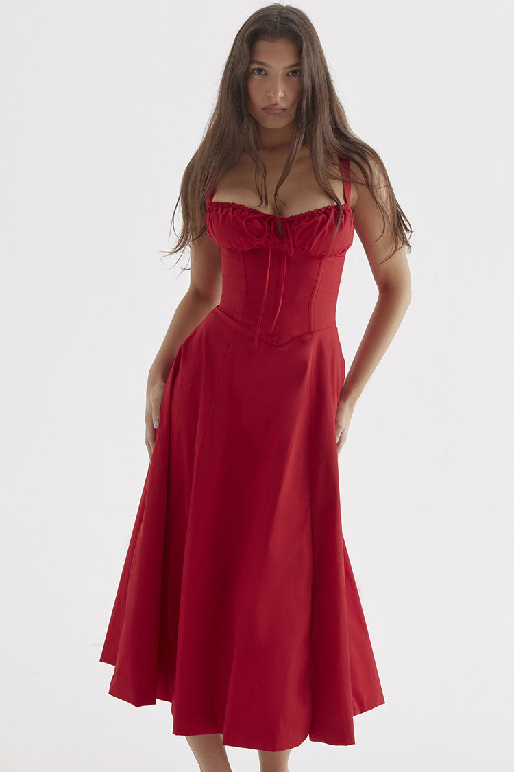 Corset Bodice Ruched Sweetheart Tie Front Spaghetti Strap Fit and Flare Midi Dress