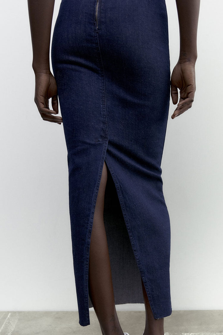 Strapless Denim Texture Frayed Hem Bodycon Maxi Dress