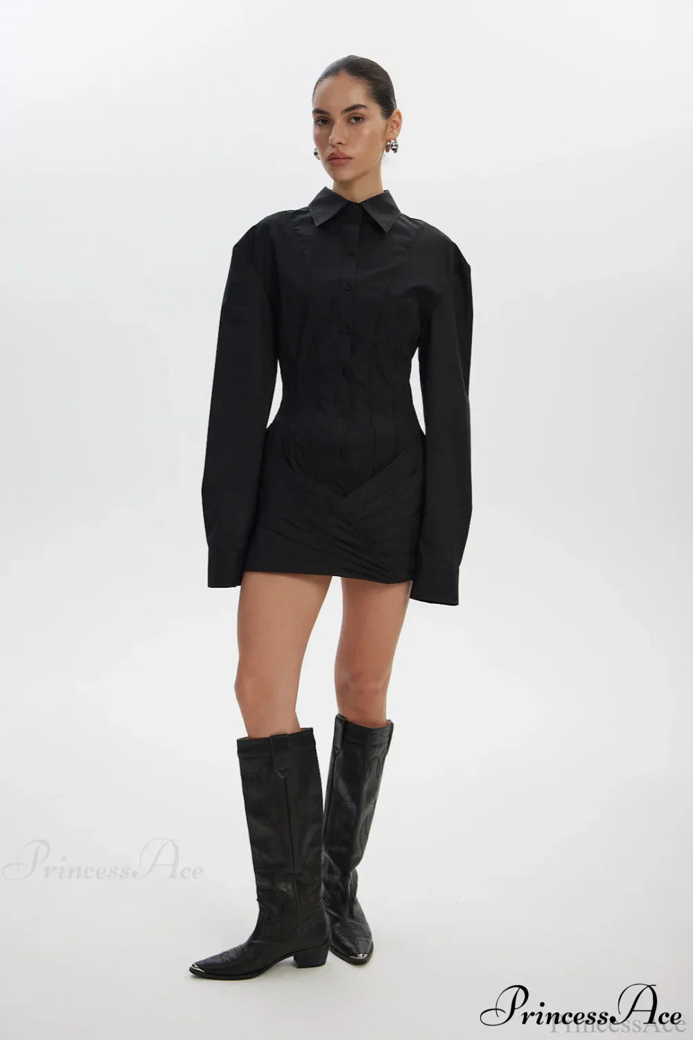 Corset Panel Button Front Layered Wrap Skirt Long Sleeve Mini Shirt Dress