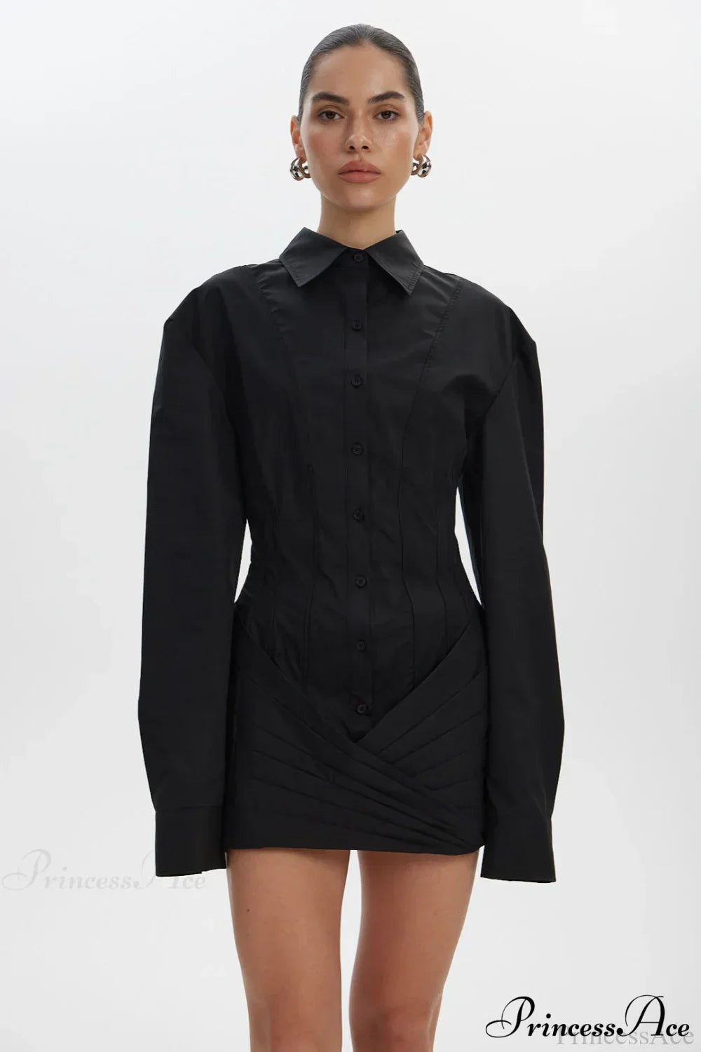 Corset Panel Button Front Layered Wrap Skirt Long Sleeve Mini Shirt Dress